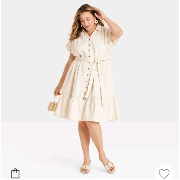 (2) Ava & Viv Short Sleeve Denim Tiered Midi A-Line Dress - Cream Women's - Picture 3 of 4